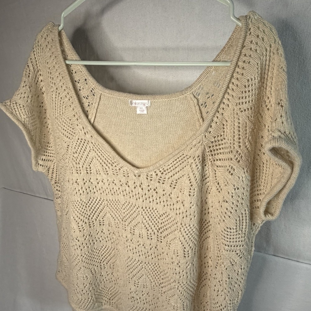Exhilaration Knit Top Cream Short Sleeve V-neck Crochet Pattern Boho Western XXL